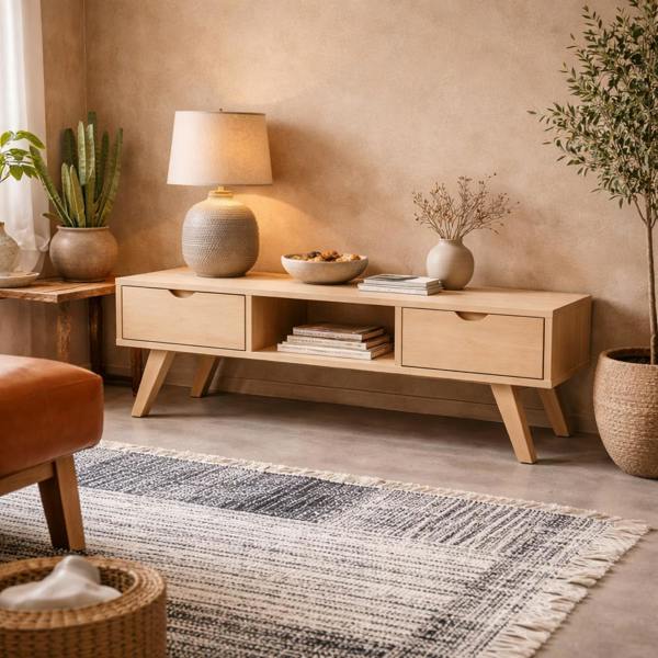 Wyld Haus Jyvaskyla White Oak Wood TV Unit 2 Drawers