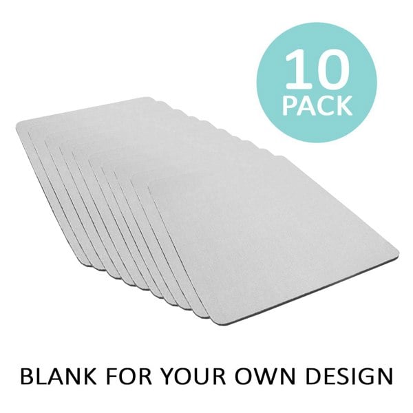 Stack of ten blank white rectangular mouse mats with rounded corners and smooth surfaces.