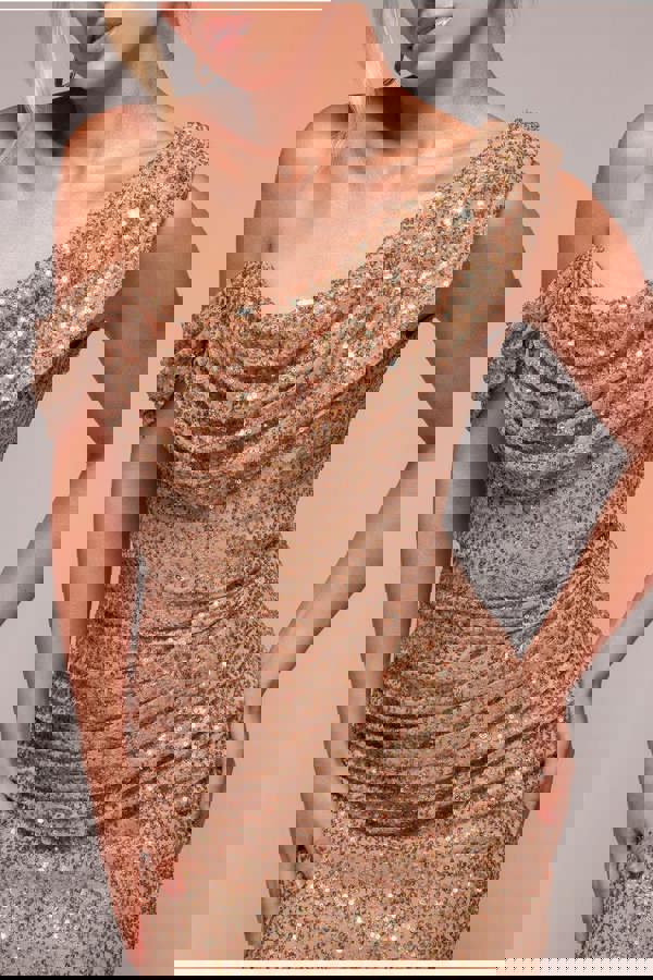 Sequin Cowl One Shoulder Midi Dress - Gold DR4529