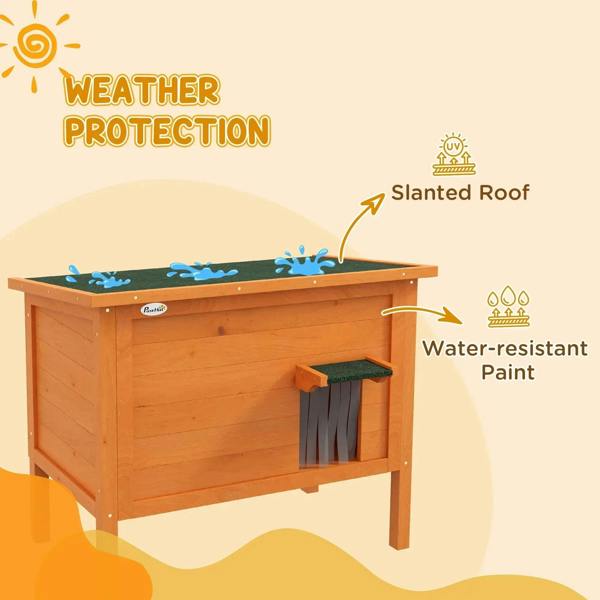 Orange wooden cat house with slanted roof and dark green floor insert