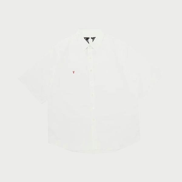 Supplied Fashion white short-sleeve button-up shirt with a small red V logo on the chest and VLONE branding.
