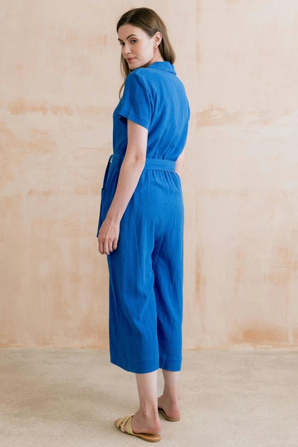 Lily & Me Josie Linen Blend Cropped Jumpsuit Cobalt