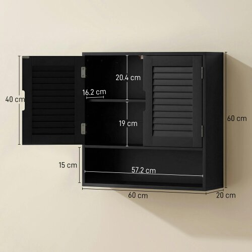 Wyld Haus Neco Wall Mounted Bathroom Storage Cabinet With Adjustable Shelves Black 60 x 20 x 60cm