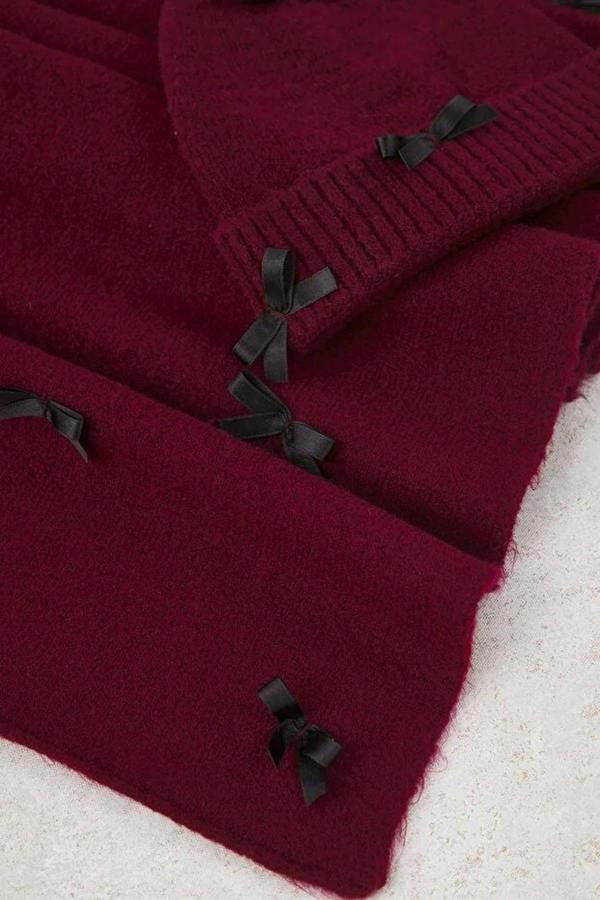 WOVCOR 2-Piece Soft Textured Knit Scarf and Beanie Set with Ribbon Detail