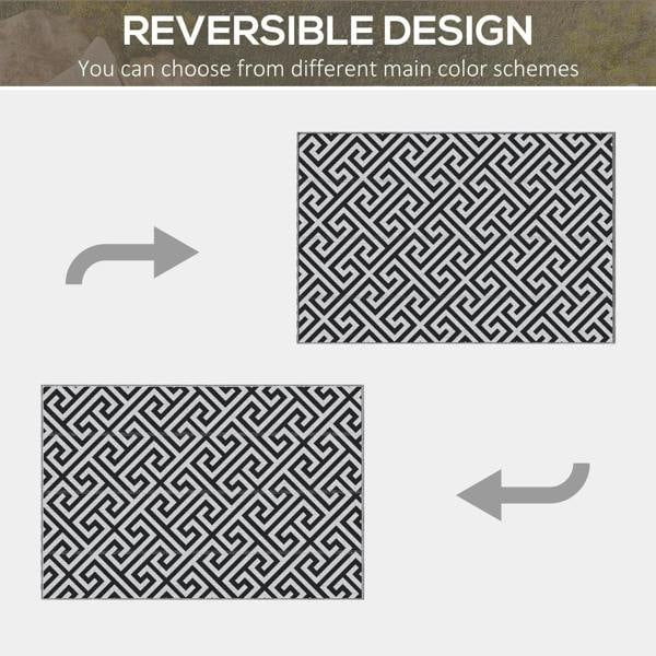 Reversible outdoor rug showing two black-and-white Greek key pattern sides with arrows.