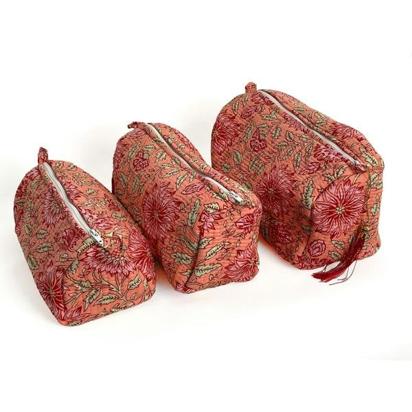 Hayley & Co Sunflower Block Print Cotton Washbag, Make Up Bag, Pencil Case with Waterproof Lining - Pink Sunflower Print