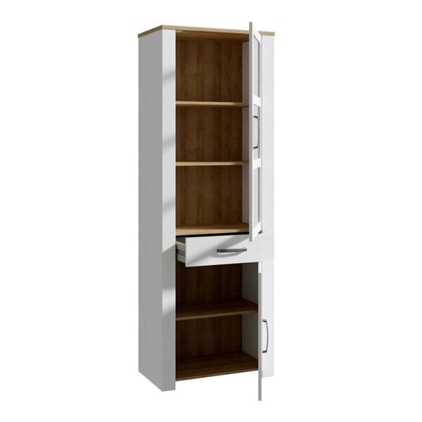 Wyld Haus Bramblecroft White and Natural Oak Wood Narrow Display Cabinet 2 Doors 1 Drawer
