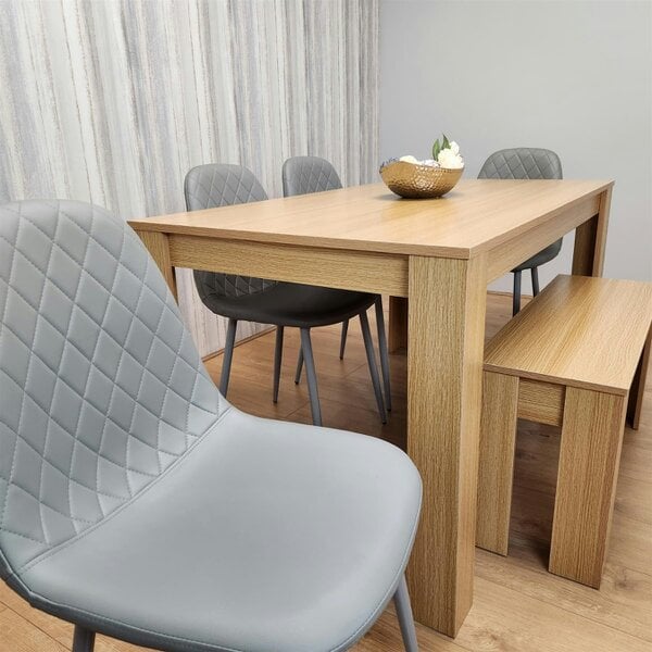 Kosy Koala Wooden Dining Table Set for 6 Oak Effect Table With 4 Grey Gem Patterned  Chairs and 1 Bench