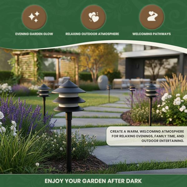 Garden Lights Set of 10 – Low Voltage Pagoda Pathway Lights with 30m Cable, Transformer & Ground Spikes