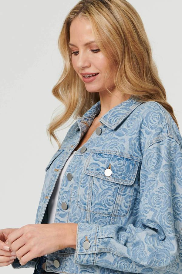 Blue | Floral Print Cropped Denim Jacket