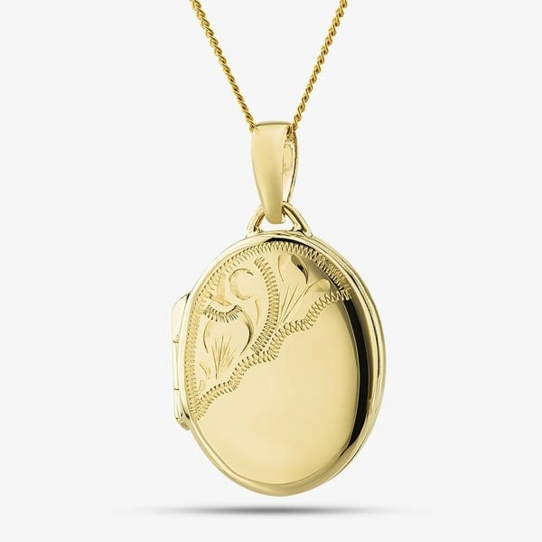 T. H. Baker 9ct Yellow Gold Half Engraved Oval Locket Curb Chain Necklace GL22-HE