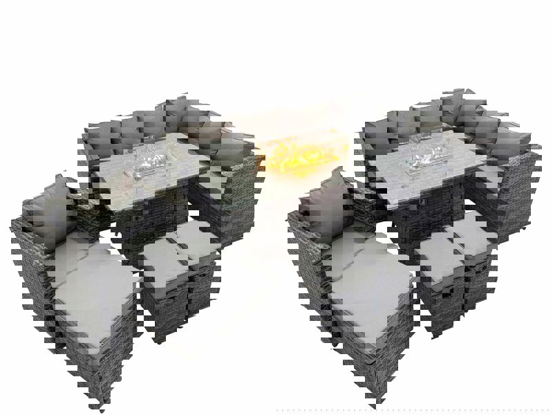 Fimous Garden Rattan Furniture Set 10 Seater Outdoor Corner Sofa Chair Gas Fire Pit Dining Table Set with 3 Stool Dark Grey