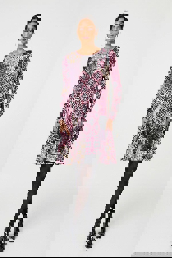 Pink | Patchwork Long Sleeve Short Swing Dress
