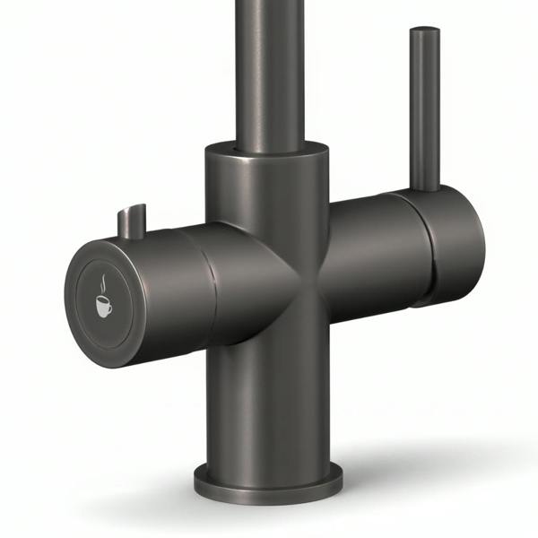 Gun metal grey kitchen boiling water tap on a white background