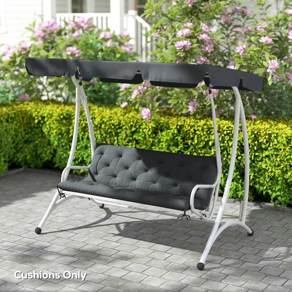 Dark grey tufted 3-seater bench cushion with backrest and tied seat sections