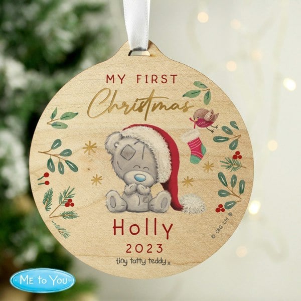 Personalised Memento Company Personalised First Christmas Tiny Tatty Teddy Round Wooden Decoration