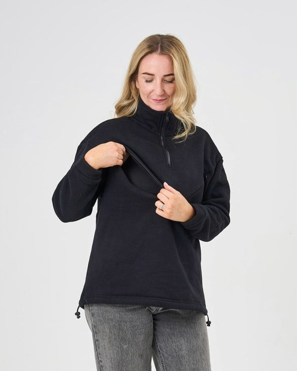 Pretty Mama Quarter Zip Oversized Breastfeeding Fleece - Black