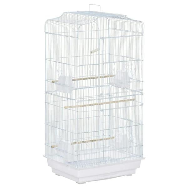 Large white metal bird cage with multiple perches, swing, and feeding bowls