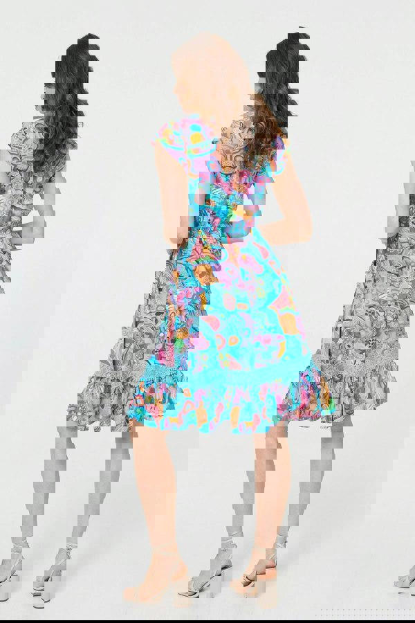 Blue | Abstract Shirred Lace Trim Midi Dress