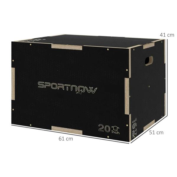 Black wooden jump box with multiple height markings: 41 cm, 51 cm, 61 cm