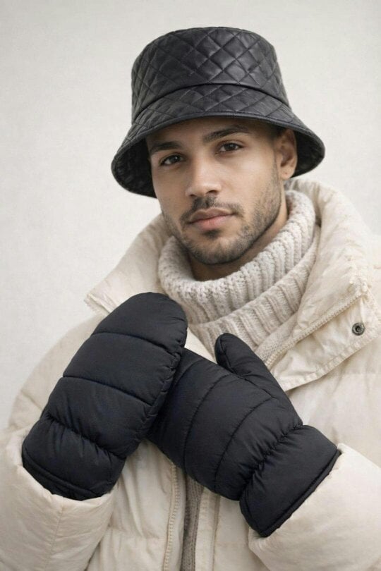 SVNX Quilted Bucket Hat & Quilted Mittens Set in Black
