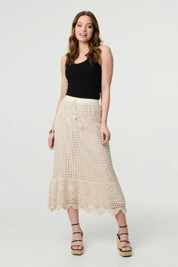 Ivory | Mesh Crochet Texture Tie Waist Midi Skirt
