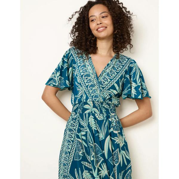 Blue Vanilla Wrap Over Angel Sleeve Shirred Maxi Dress