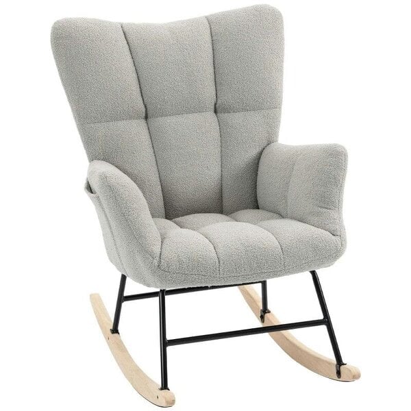 Rocking Chair, Teddy Fleece Rocker Chair with Tufted Wingback, Side Pockets, Rubber Wood Legs, Light Grey