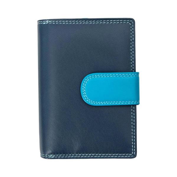 Blue leather wallet with a turquoise flap on a white background