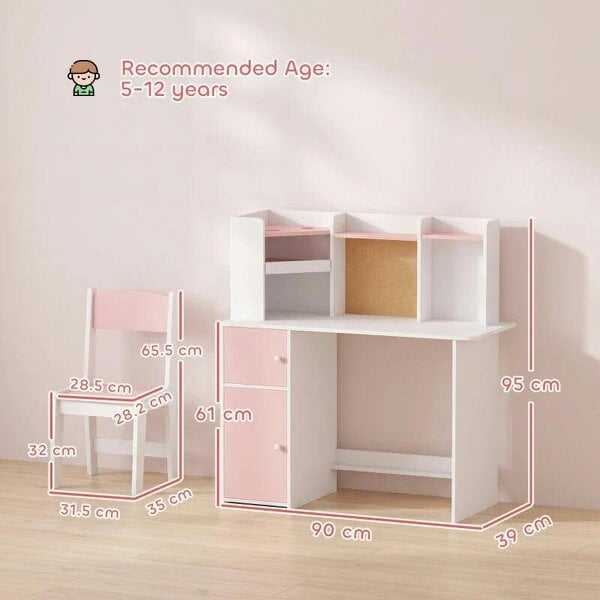 Kids Desk and Chair Set Storage Shelves Kids Desk Adjustable Tablet Stand Cork Board Pen Holder Pink