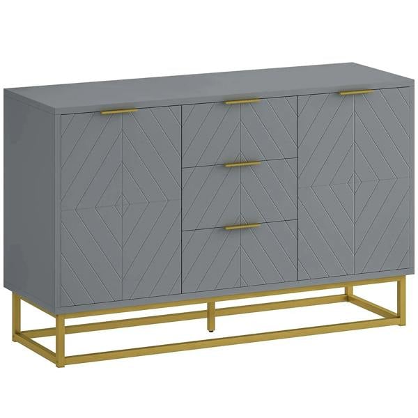 Grey sideboard cabinet with 3 drawers and double doors, gold bar handles