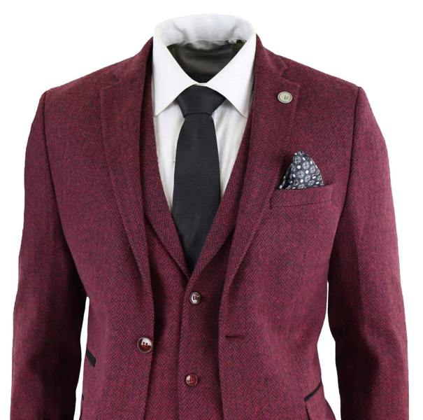 TruClothing Mens 3 Piece Wine Herringbone Wool Tweed Retro Suit
