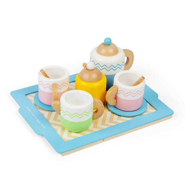 Bigjigs Toys Wooden Tea Tray Set Complete With Teapot, Cups & Saucers, Milk Jug And More