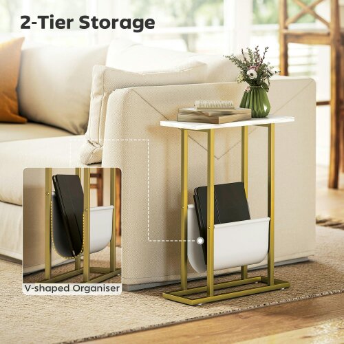 Wyld Haus Vanozi Wooden White Marble Grain Slim Side Table With Magazine Holder For Small Spaces