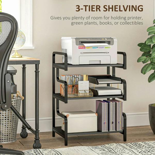 Black 3-tier printer stand with open shelves for printer, books, and office items
