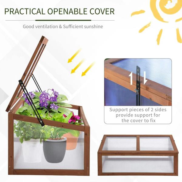 Openable wooden cold frame cover with support bars for ventilation