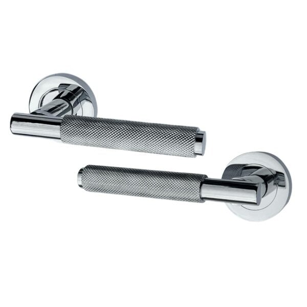 EDH Door Hardware Polished Chrome Knurled Door Handles on Round Rose – Handle Sets