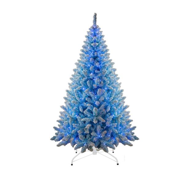 4ft to 8ft Pre-Lit Blue Flocked Christmas Trees with Blue LED Lights and Snowy Finish image 1