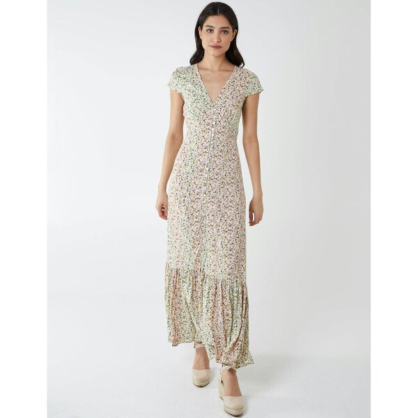 Blue Vanilla Ditsy Print Cap Sleeves Button Front Midi Dress