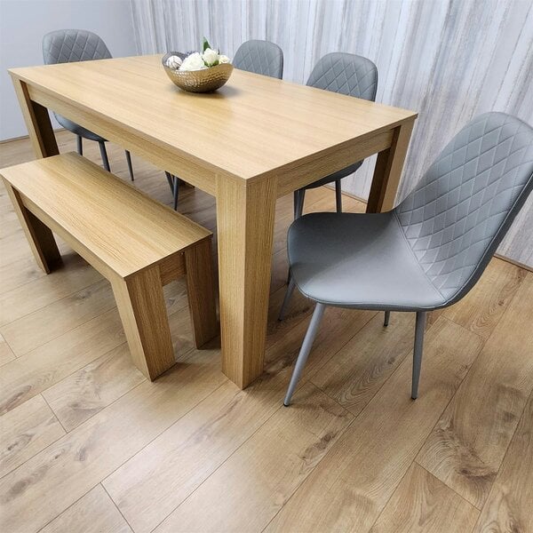Kosy Koala Wooden Dining Table Set for 6 Oak Effect Table With 4 Grey Gem Patterned  Chairs and 1 Bench