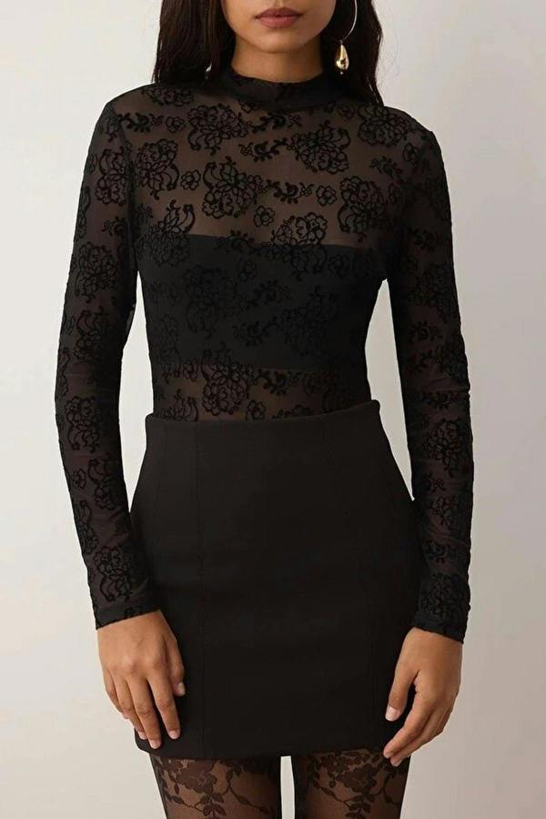 WOVCOR Lined Floral Patterned Stand Collar Knit Tulle Bodysuit