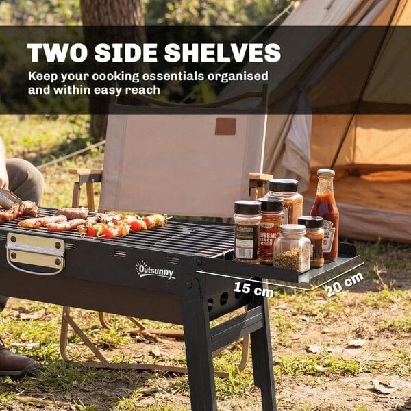Bobobiy Portable BBQ Grill, Foldable Charcoal Grill for Camping and Picnics with 2 Side Shelves and Handle, Black