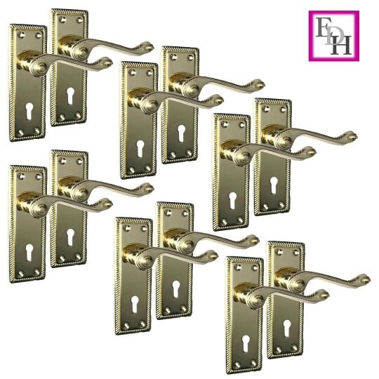 EDH Door Hardware Georgian Style Scroll Brass Finish Door Handles, 6 Pairs