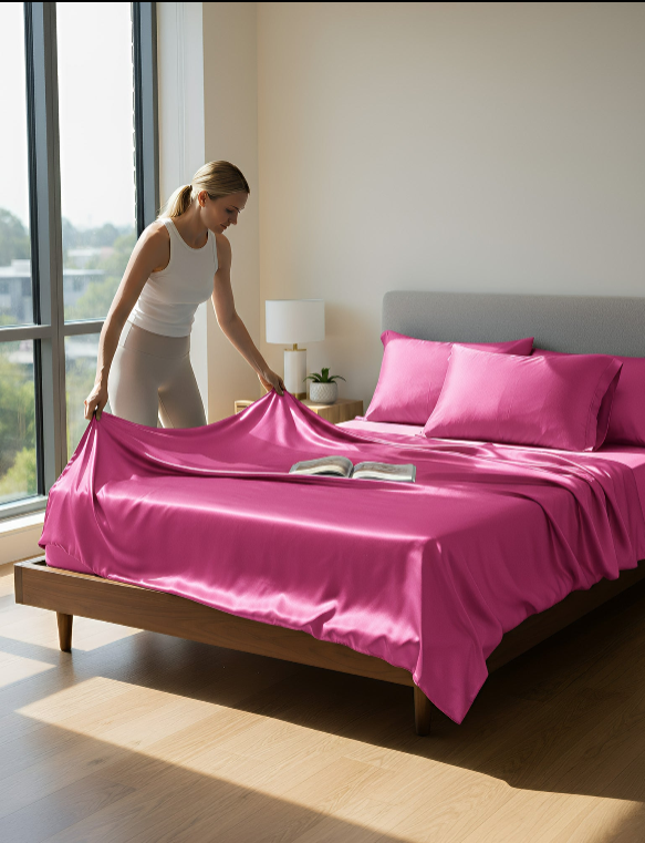 Anycozy Beddings Hot Pink AU Queen Size 3 Pcs High End Satin Smooth Duvet Cover Set Luxury Polyester Silky Soft Cozy Bedding Set