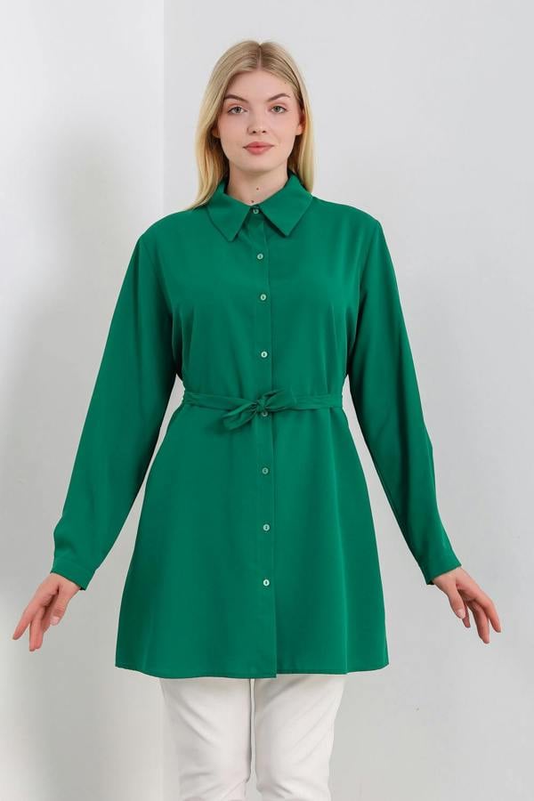 Hoxton Gal Oversized Tie Detailed Shirt Tunic with Long Sleeves in Green