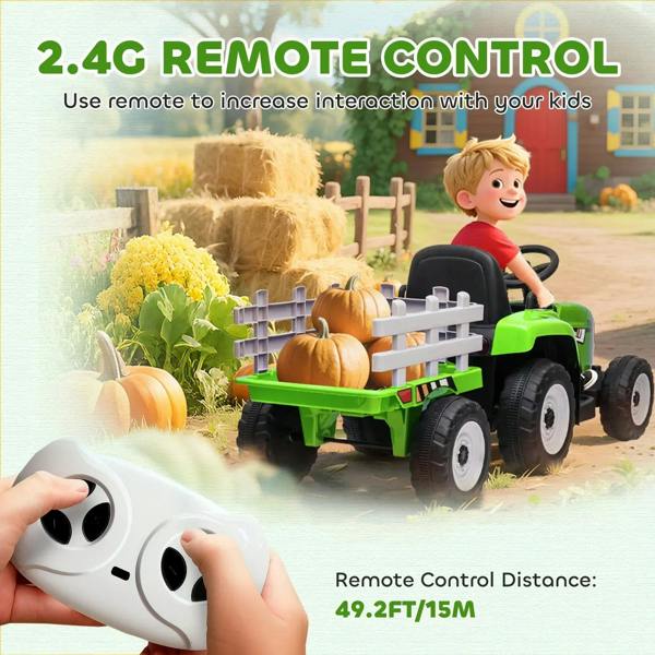 Green ride-on tractor pulling a detachable trailer with 2.4G remote control