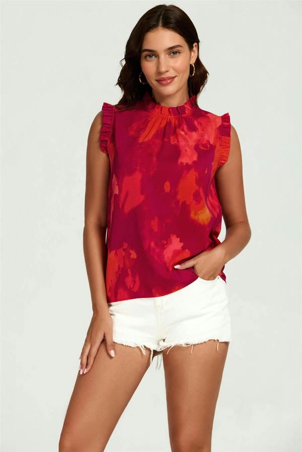 FS Collection Abstract Print Frill Trim Sleeve Frill Neck Blouse Top In Red