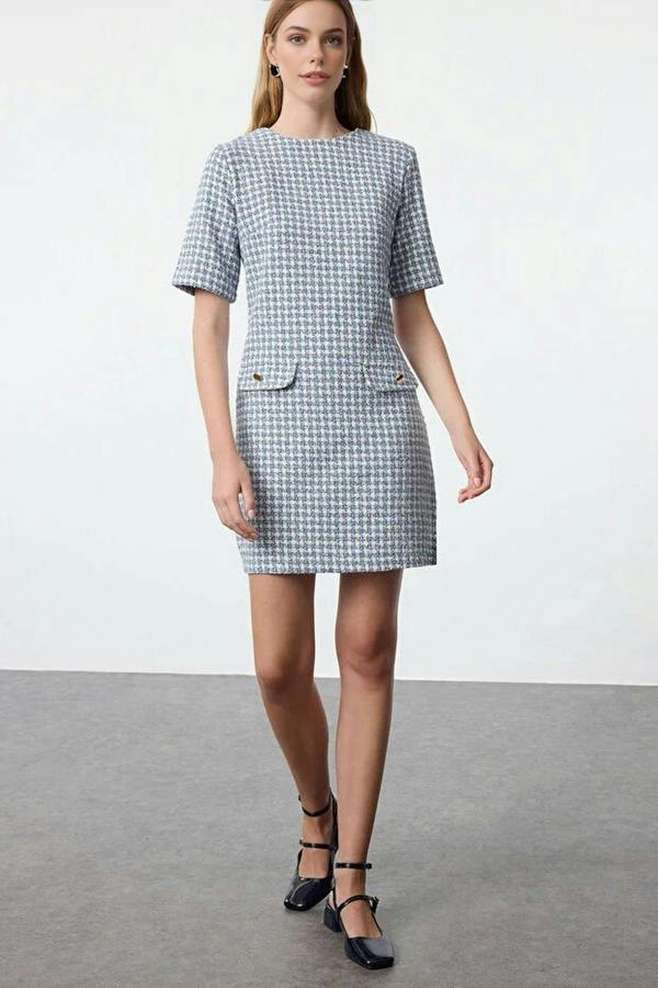WOVCOR Straight Cut Tweed Woven Dress with Button Detail