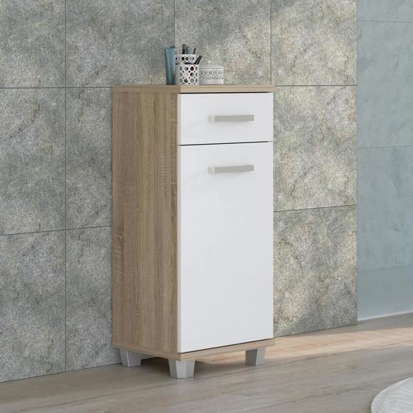 Furniture To Go Veris Bathroom Cupboard with 1 Door & 1 Drawer in Sonoma Oak and White Gloss