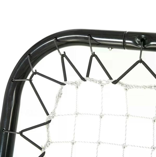 Black rebounder net goal rim with attached white mesh and cord loops